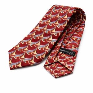 Burberry Men’s Silk Tie Red Gold Blue patterned Print Designer Luxury‎